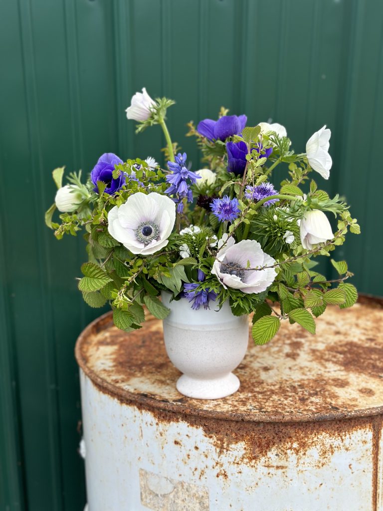 Early April seasonal arrangement featuring Anemones, Bachelor's Buttons, Spanish Bluebells and Viburnum and Spirea Foliage.
